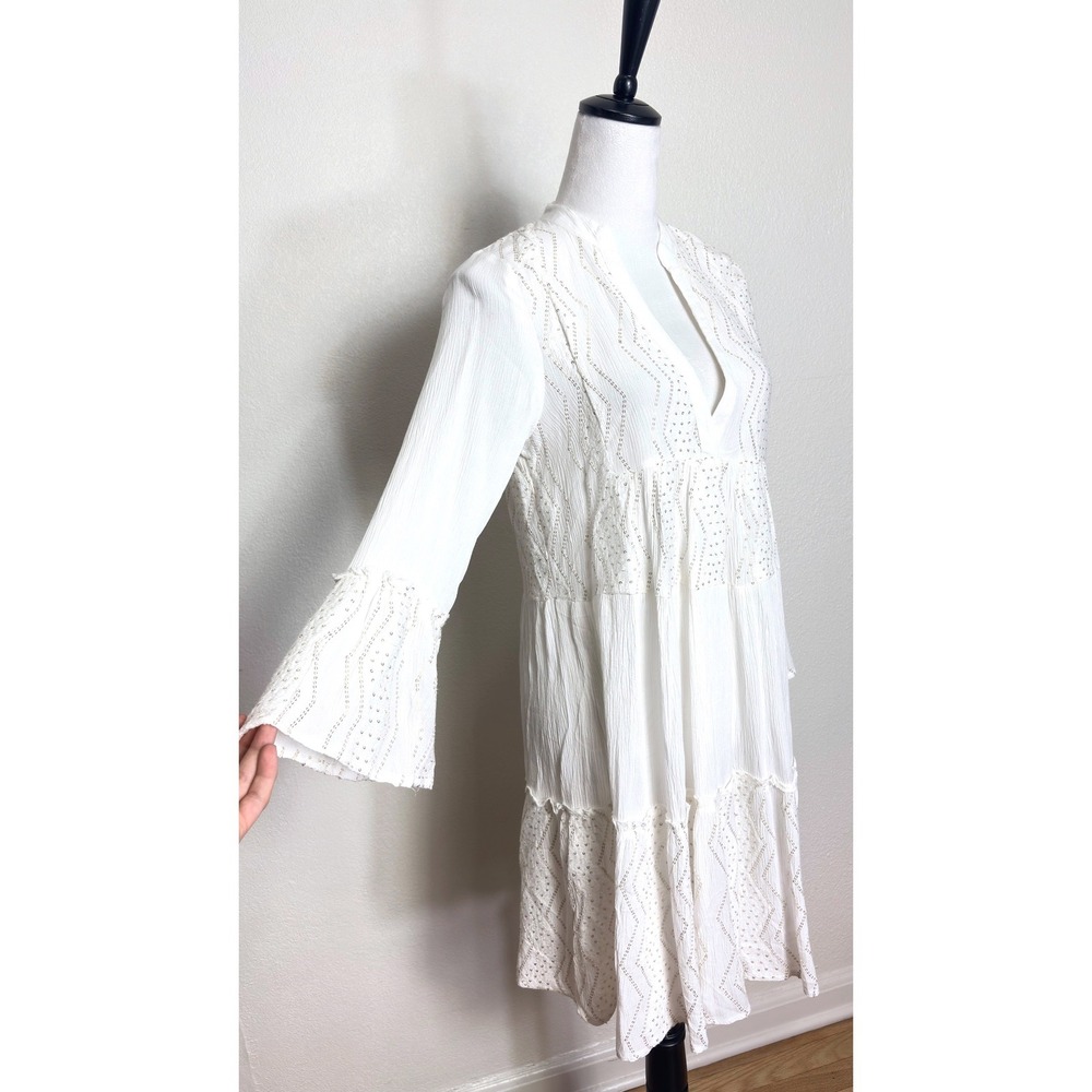 Turks & Caicos White & Gold Sequins Flared Sleeve Tiered Midi Dress Size Small